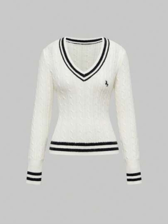 ROMWE V-Neck Cable Knit Sweater For Women, Striped Color Block Slim Fit Long Sleeve Knitted Top, Youthful Style For Autumn