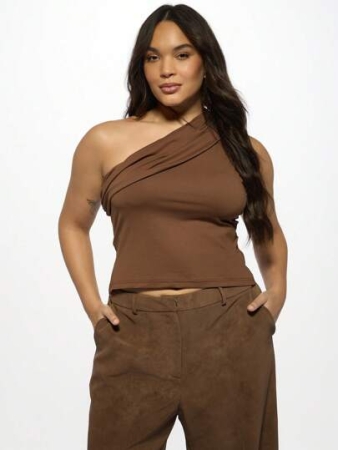 MISSGUIDED MISSGUIDED PLUS Plus Size One Shoulder Crop Top Asymmetrical Ruched Design Sleeveless Party Club Night Out Fitted Elegant Modern Fall Winter Fashion