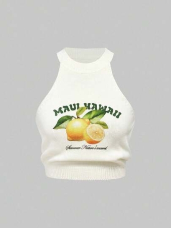 ROMWE Summer American Sexy Girl Knitted Spaghetti Strap Lemon Print Slim-Fit Sleeveless Cropped Tank Top Fall Winter
