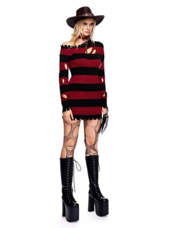 ROMWE Grunge Punk Women's Long Sleeve Ripped Striped Pullover Sweater, Autumn & Winter