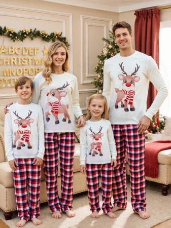 Family Christmas Pajamas Set, Long-Sleeved Elk Print Top + Stretch Plaid Pants / Pajamas Set, Very Suitable For The Whole Family To Wear Pajamas Home Clothes