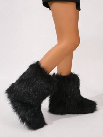 Women's Faux Fur Boot Furry Fluffy Round Toe Suede Winter Comfy Plush Warm Short Outdoor Indoor Flat Shoes Mid-Calf Boots Fashion Boots