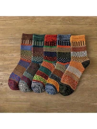 5 Pairs Of Warm Socks For Autumn And Winter, Retro Autumn And Winter Towel Tube Socks, Women's Long Socks, Outdoor Riding Motorcycle Short Socks