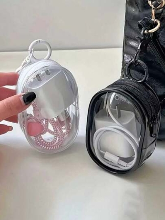 1 Transparent Multi-Purpose Data Cable Storage Bag With Hook Design, Portable Storage For Headphones When Traveling, Suitable For Travel