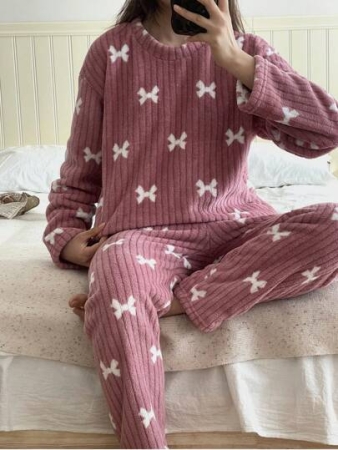 2pcs Set Coral Fleece & Flannel Bow Top & Pants Fluffy Pajama Set, Simple Print Sleepwear , Two Pieces Set, Fall Winter Clothes, Cozy