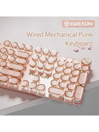 EWEADN Punk Typewriter Mechanical Gaming Keyboard, All-Metal Panel 104Keys Wired Retro Punk Round Keycaps With LED Backlit USB Wired Keyboards, Multimedia Knob, Ergonomic Design For Game And Office, For Windows Laptop PC Pink Peripherals