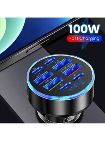 Intelligent Charging Starts From Now On! 100W Multi Port Fast Charging Car Charger, 8-Port Compatible With And USB-C PD, Male To Female Design, High-Speed Car Charging Hub With USB Connector.