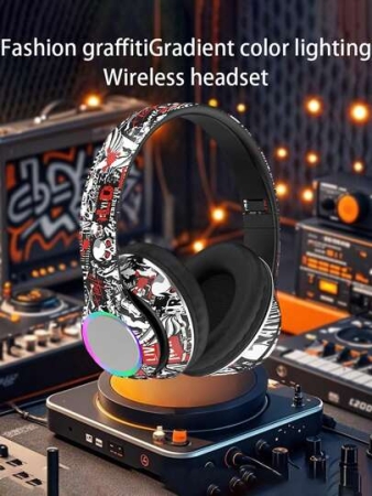 Graffiti Design Headphones - Foldable Hi-Fi Stereo Headphones, 200mAh, Soft Earpads, Wireless Connection, Volume Control, Type-C, Compatible With Phones/Computers, Not Waterproof, Plastic Material, DJ, Gaming Partner, Super Cool