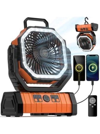 BDQ 20000mAh 1PC Portable Rechargeable Fan - Camping Fan For Tent,Fan 3-In-1 Camping Fan USB Fan With Light & Remote For Indoor,Cordless Fan Can Be Hung Upside Down,Outdoor, Tent, Travel, BBQ, Fishing, Jobsite