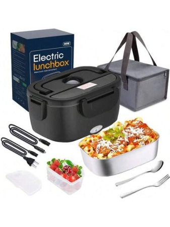 80W Black Electric Lunch Box Food Heater, Food Warmer For Car Truck Office, 1.5L Stainless Steel Self-Heated Lunchbox For Adult, Portable Heating Box With Adapters Fork Spoon Insulated Bag