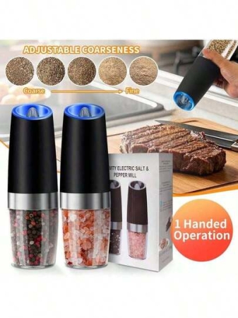 1pack Automatic Gravity-Sensor Grinder For Salt And Pepper - Adjustable Coarseness Electric Grinder, One-Button Operation, With Blue LED Light, Ideal Kitchen Gadget Gift (Black).