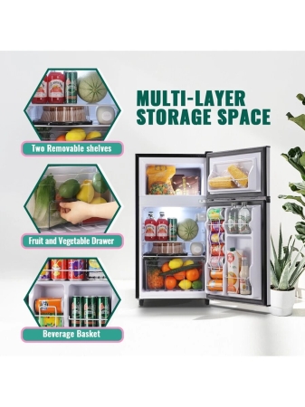 WANAI WANAI Compact Refrigerator 3.5 CU.FT Double Door Mini Fridge With Freezer Small Refrigerator With 7 Adjustable Temperature Side Door Wire Rack Suit For Dorm Office Apartment Black - Image 4