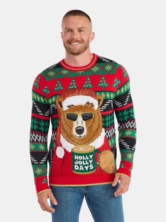 Men's Holly Jolly Days Bear Ugly Christmas Sweater from Holiday Time, Midweight, Sizes M-2XL