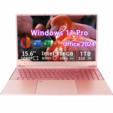 BULANUO 15.6" Pink Laptop Windows 11 Pro Office 2024 Intel Celeron ADL-N5095, 16GB RAM, 1TB SSD, Ultra-Thin and Lightweight Student Notebook PC Computer for Work, Backlit Keyboard, WiFi 5, BT 5.0
