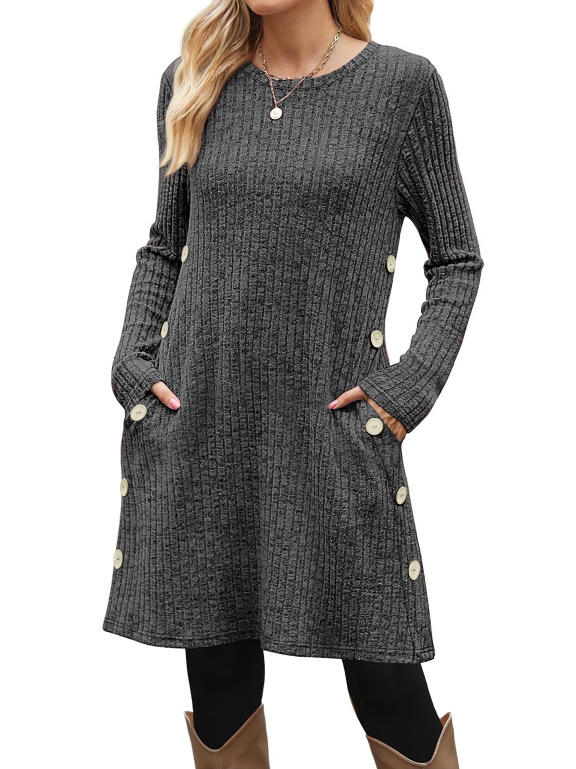 Fantaslook Long Sleeve Womens Dresses Crew Neck Buttons Tunic Sweater Dress with Pockets