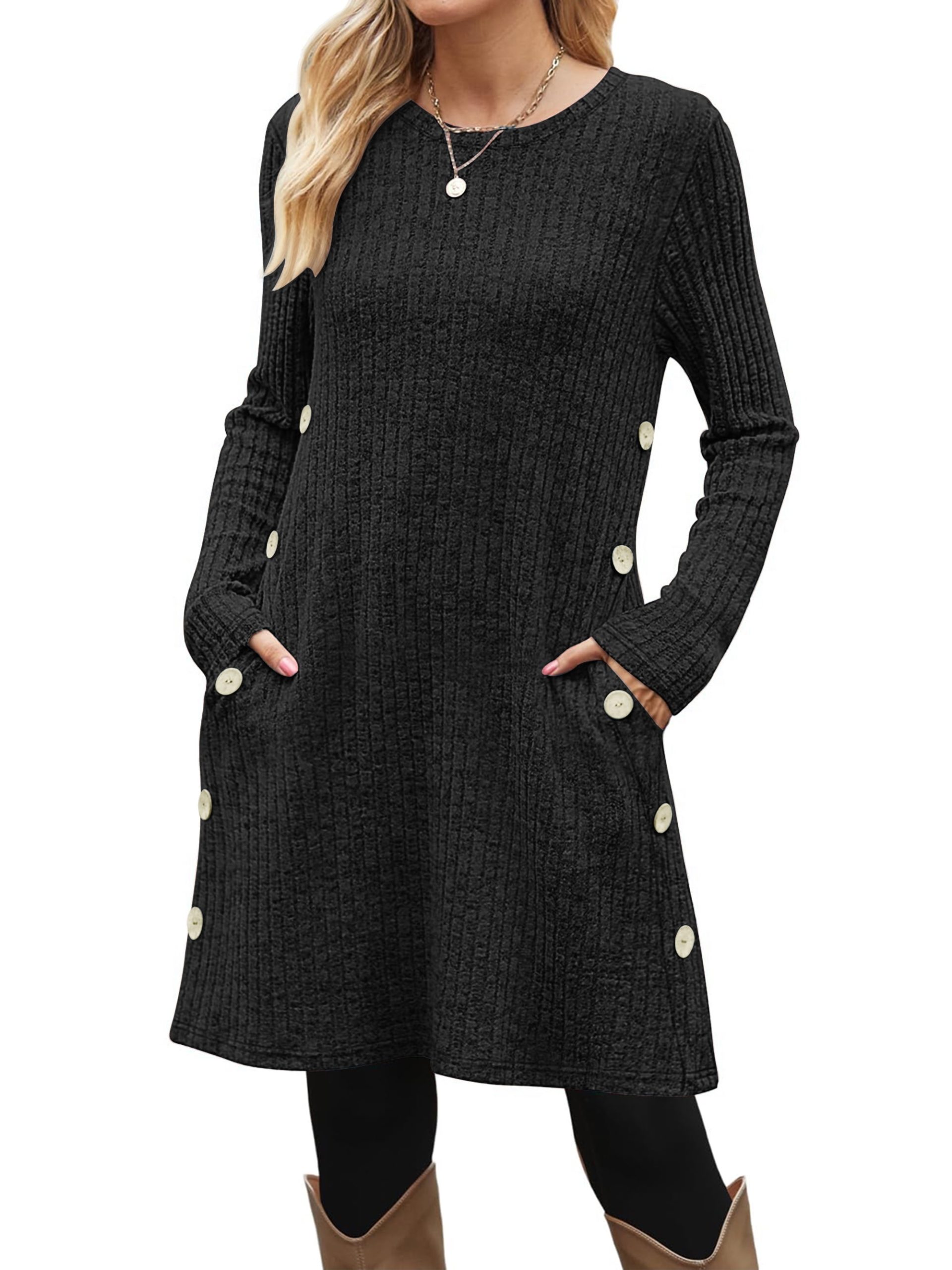 Fantaslook Long Sleeve Womens Dresses Fall Buttons Tunic Sweater Dress with Pockets