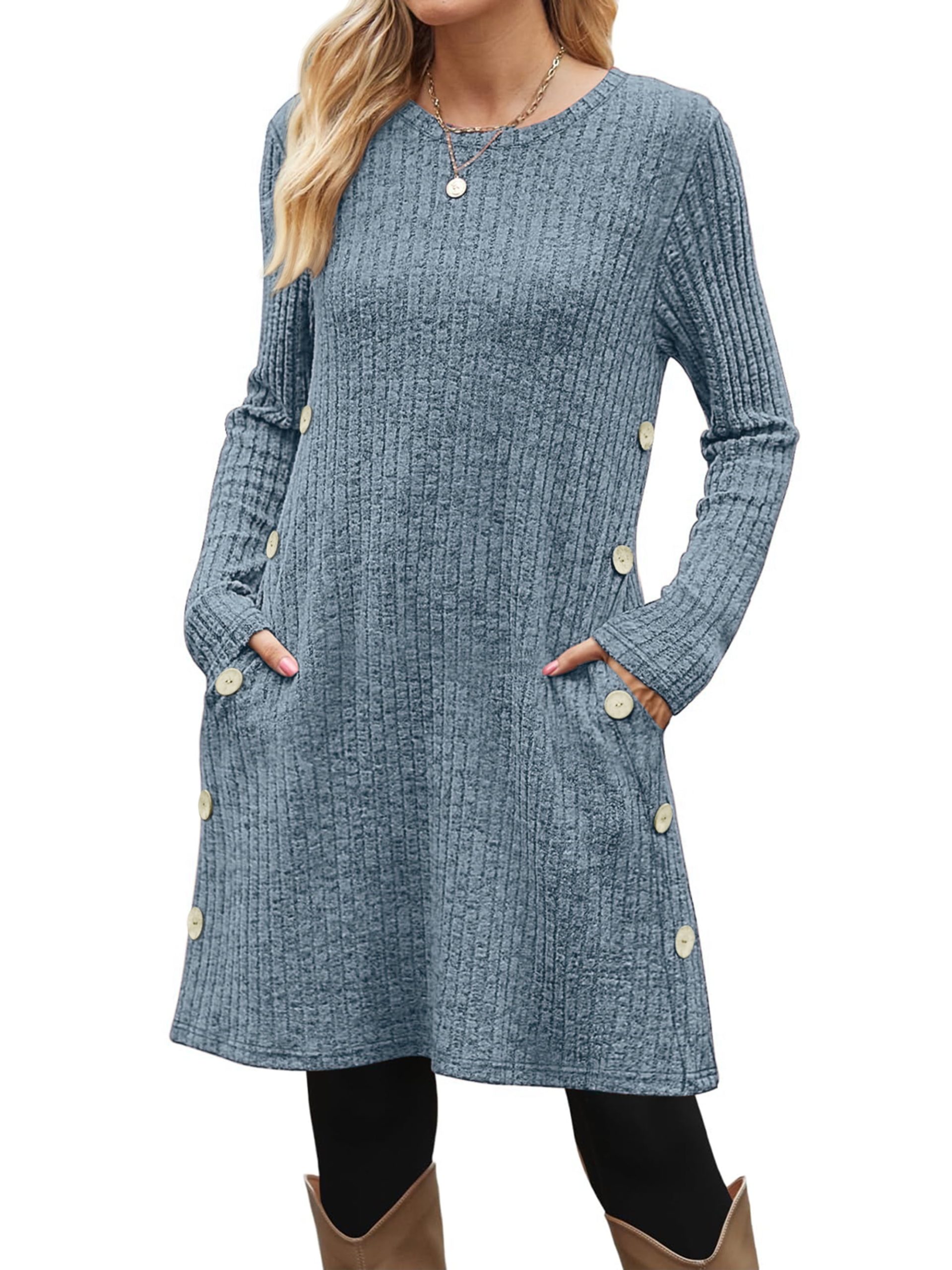 Fantaslook Long Sleeve Womens Dresses Crew Neck Buttons Tunic Sweater Dress with Pockets