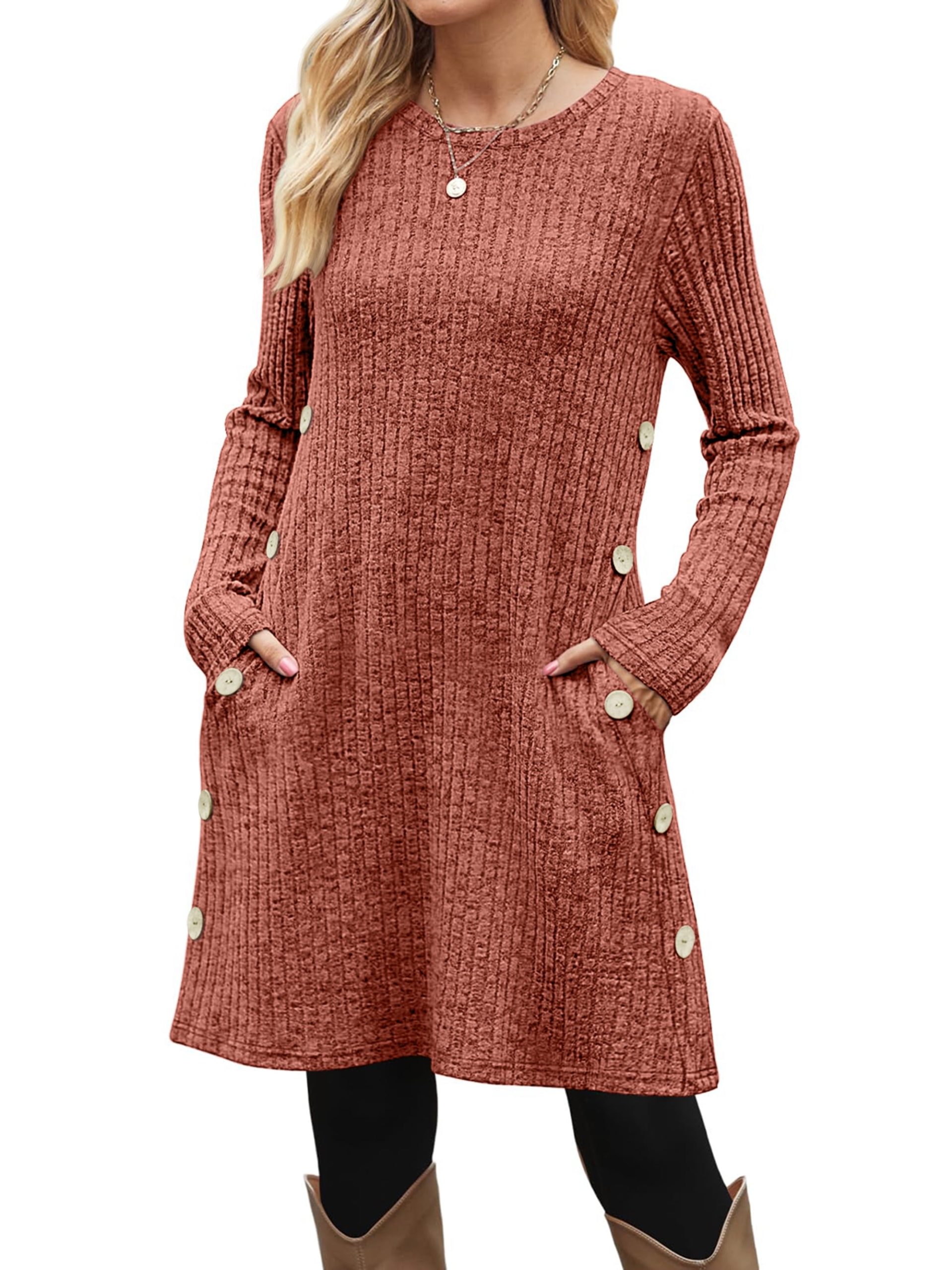 Fantaslook Long Sleeve Womens Dresses Crew Neck Buttons Tunic Sweater Dress with Pockets