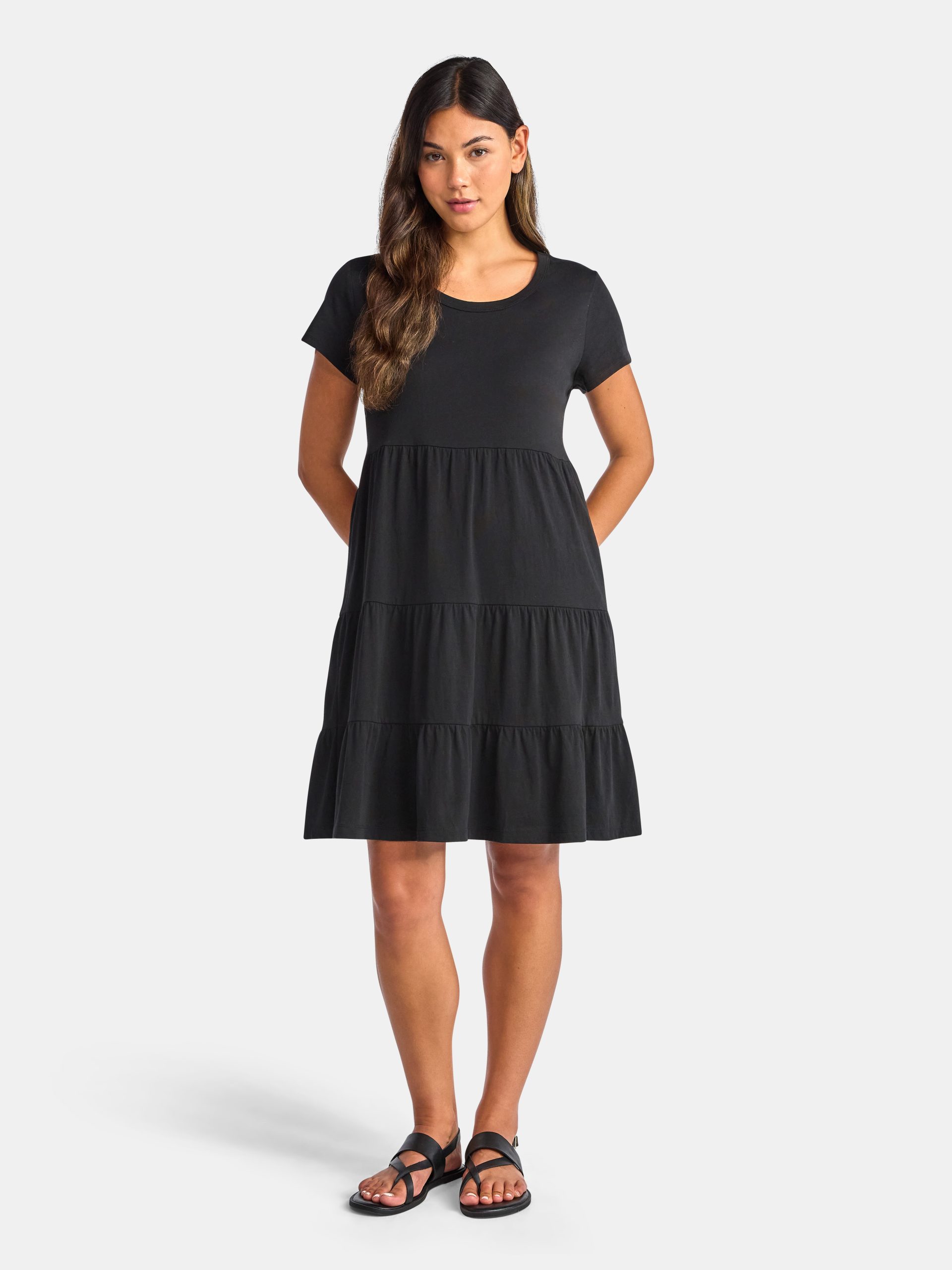 Time and Tru Women's Tiered Cotton Dress with Short Sleeves, Sizes XS-XXXL