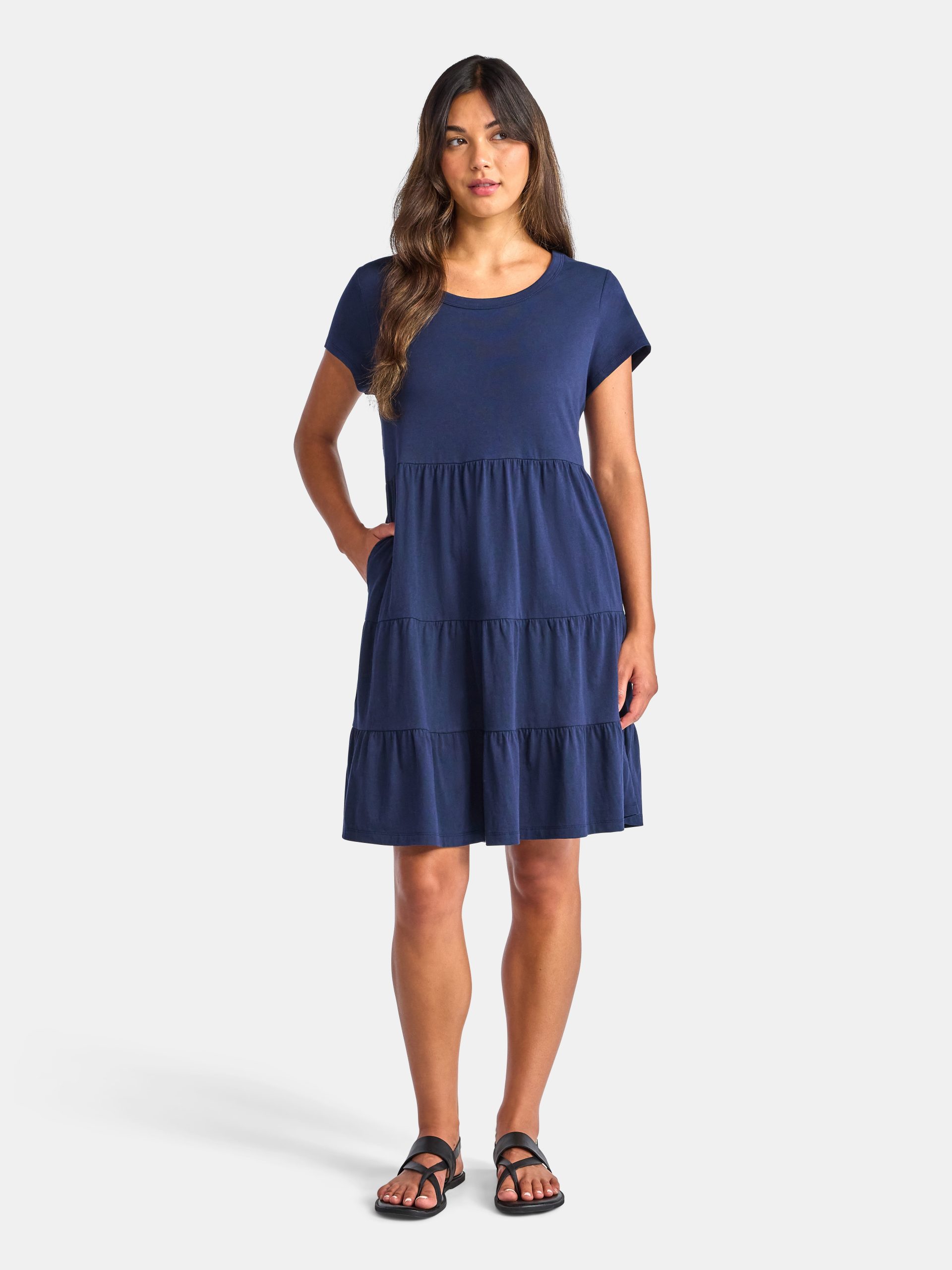 Time and Tru Women's Tiered Cotton Dress with Short Sleeves, Sizes XS-XXXL