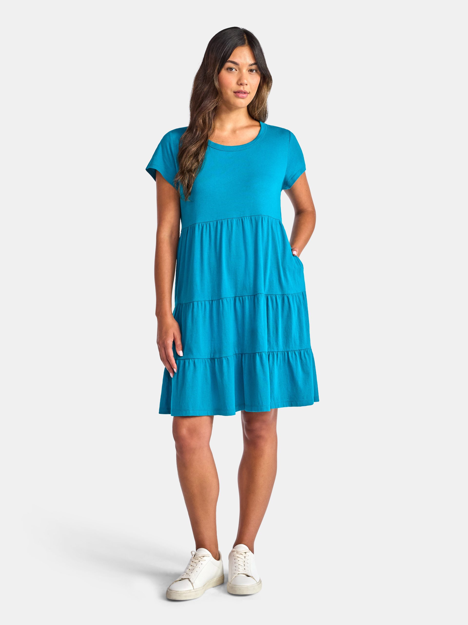 Time and Tru Women's Tiered Cotton Dress with Short Sleeves, Sizes XS-XXXL