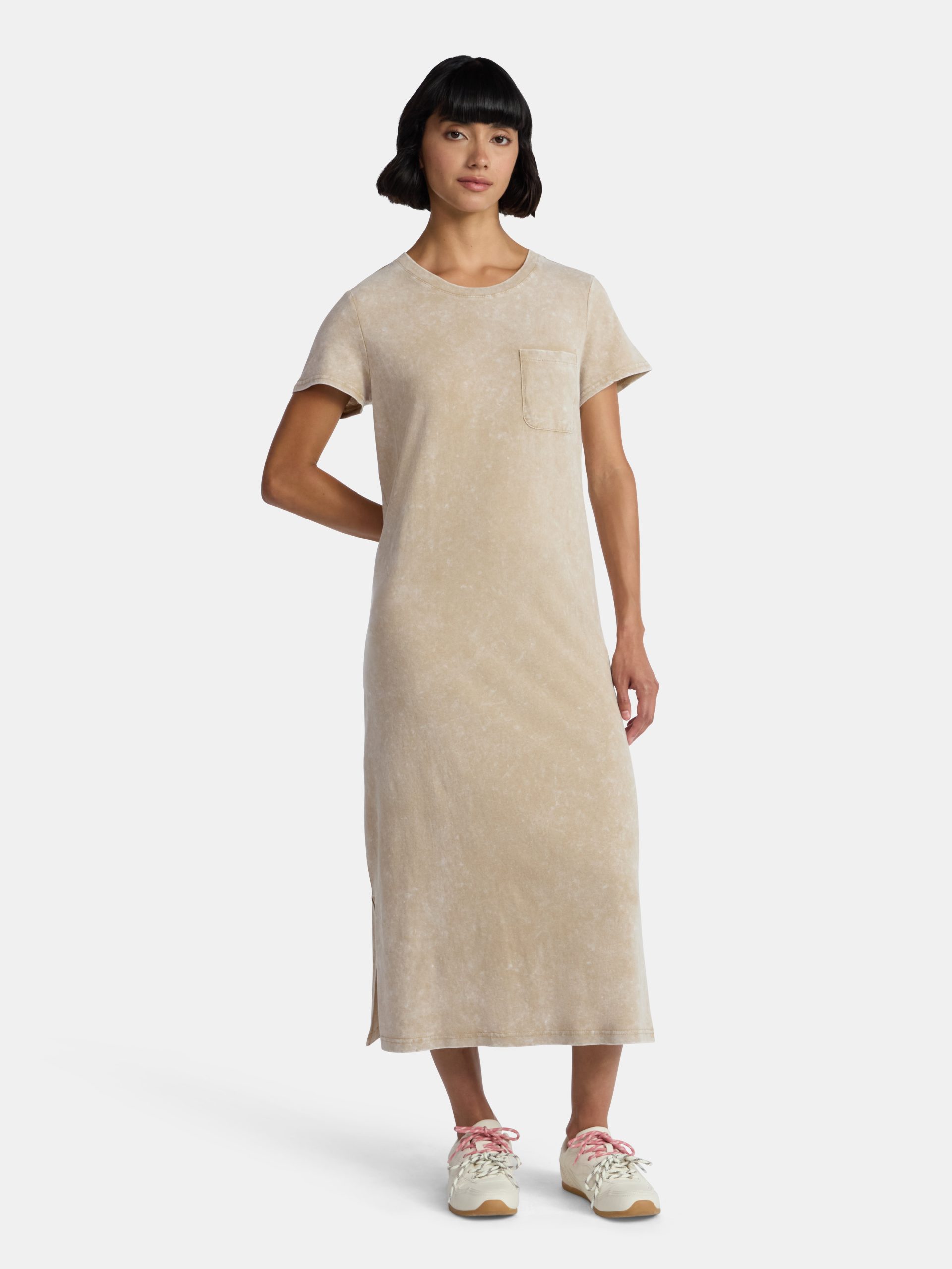 Time and Tru Women's Cotton Midi T-Shirt Dress with Short Sleeves, Sizes XS-XXXL