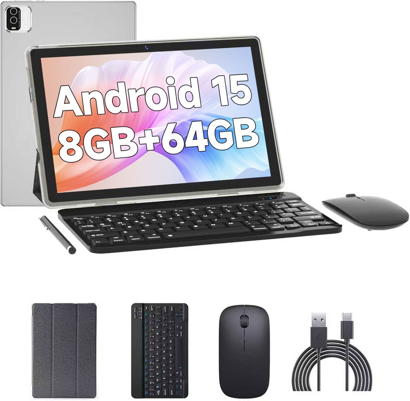 2025 Newest Android 15 Tablet, 10 inch 8GB RAM+64GB ROM/ 1TB Expandable Tablets, 1.8Ghz Quad-core Processor, 1280*800 IPS Screen Tablet, 8MP Dual Camera, 6000mAH Battery, 2.4G/5G Wifi 6 BT 5.0 Tablet