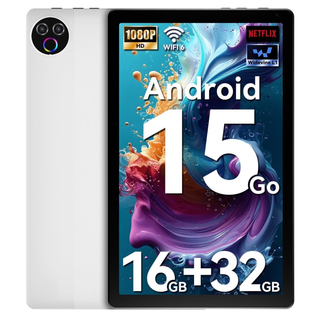 Android 15 5-Core 10inch Tablet,16GB Ram+32GB ROM +1TB Expand,IPS Display, Widevine L1, 5G Wifi, 5MP+8MP Camera, 5000mAh, Bluetooth 2.4,White