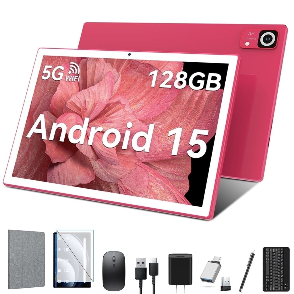 Android 15 Tablet with Keyboard, 128GB ROM(1TB Expand), Octa Core, 5G/2.4G WiFi, 7000mAh, BT V5.0, with Case, Mouse, Stylus, Split-Screen(Pink)