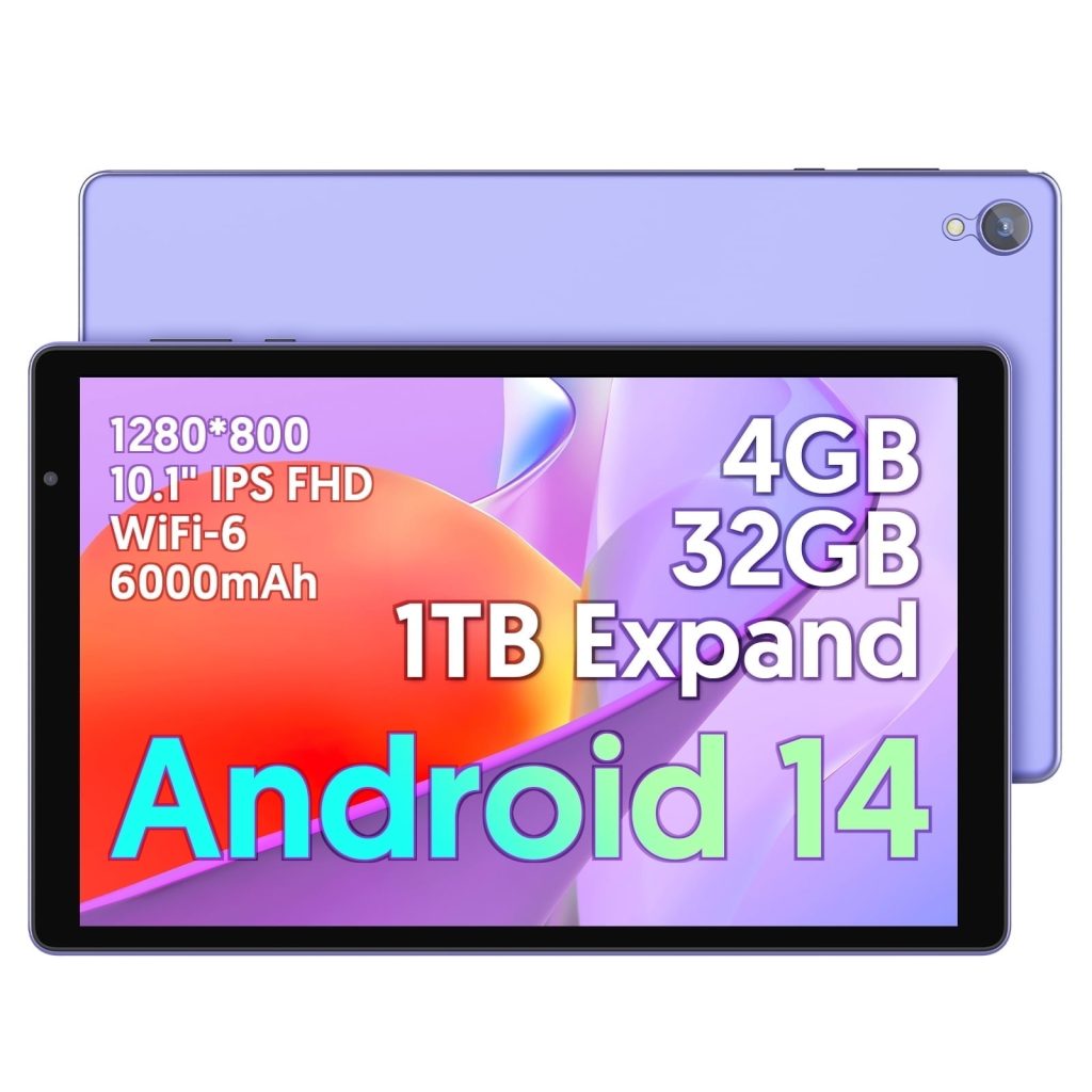 Android 14 Tablet 10 inch Tablets, 4GB+32GB+1TB Expandable, Quad-core, WiFi, Dual Camera